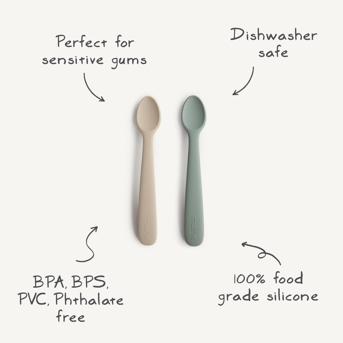 mushie Silicone Baby Feeding Spoons | 2 Pack (Dried Thyme/Natural)