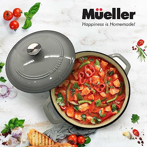 Mueller 6 Quart Enameled Cast Iron Pot Dutch Oven, Heavy-Duty Oven-Safe up to 500° F, & Across All Cooktops, Casserole Dishes for Ovens, Bread Pan with Lid and Knob, Cast Iron Cookware, Grey