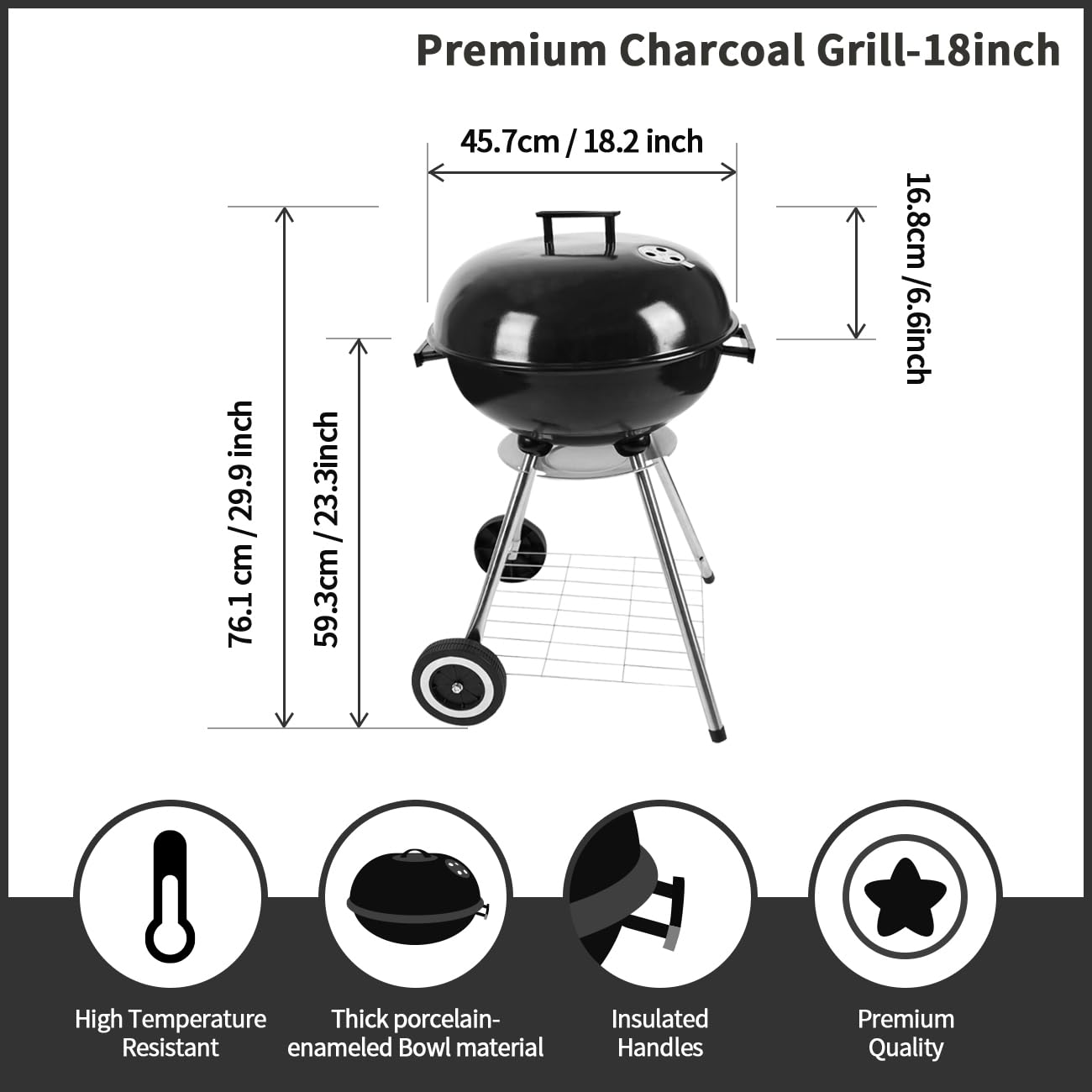 paxlloonge 18 Inch Charcoal Grill, BBQ Kettle Grill with Enamel Lid & Ash Catcher, Portable Charcoal Grill for Outdoor Grill Camping and Small Patio Backyard, Includes Wheels for Easy Mobility