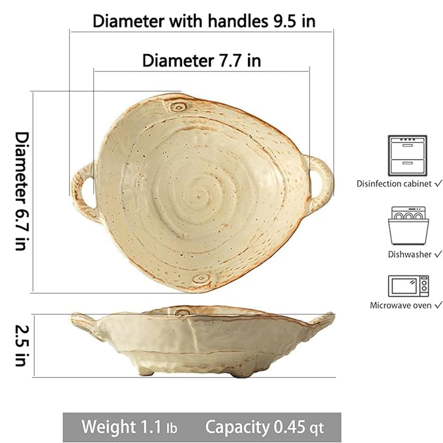 Amitofo Free-Form Edge Ceramic Bowl with Handles, Retro Distressed Style Glazed for Fruit Bowl,Salad Bowl,Table Centerpiece Decor