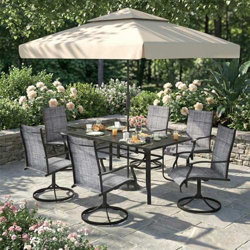 DSNAPE 7 Pieces Patio Table and Chairs Set, 63" Metal Dining Table with Umbrella Hole, 6 High Back Textilene Swivel Chairs, Dining Table Set for 6, Outdoor Furniture for Porch Deck Yard Balcony, Grey