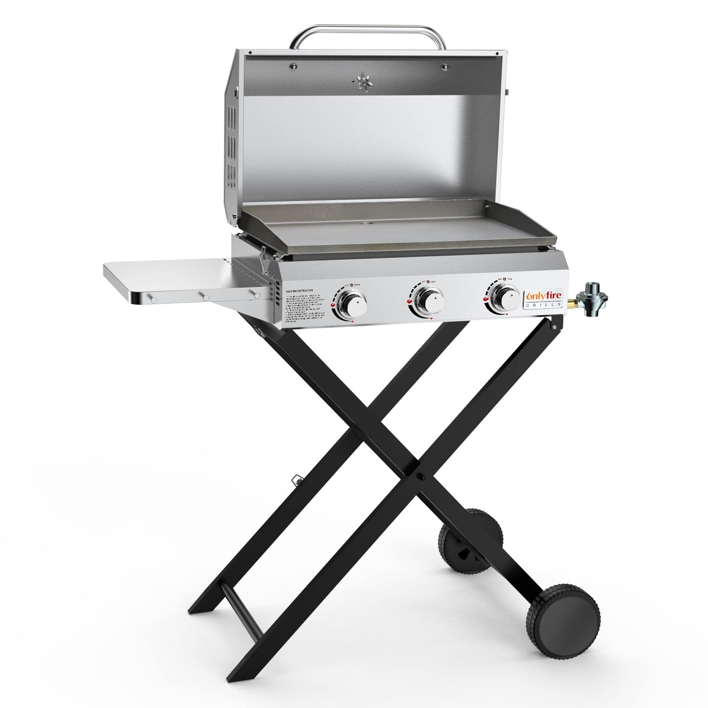 ONLYFIRE GRILLS Portable Propane Gas Griddle 3-Burner with Foldable Cart & Side Table, Flat Top Gas Grill Griddle Stove with Lid, for Outdoor Cooking Patio Backyard Camping RV Tailgating Beach, GS310