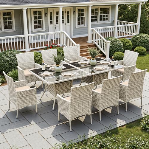 Muphyers 10-Piece Patio Dining Set, Patio Furniture Set with Square Tempered Glass Table & 8 Wicker Chairs, Expandable Design for Larger Groups, Outdoor Furniture for Backyard, Deck, Garden, Beige