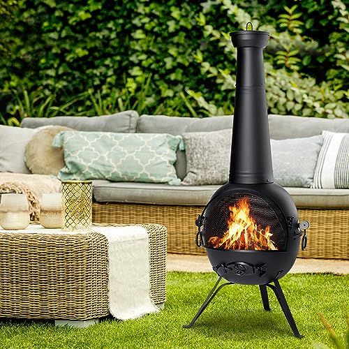 Chiminea Outdoor Fireplace Prairie Fire Patio Backyard Wooden Fire Pit with Chiminea Cover Rust-Free Iron Black