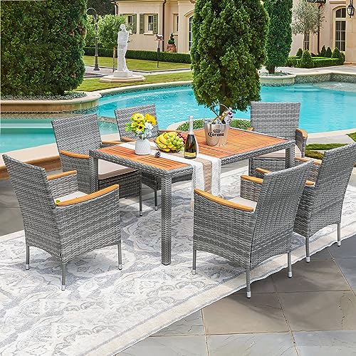Devoko 7 PCS Acacia Wood Patio Dining Set, Gray Rattan