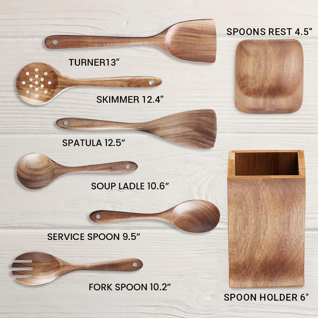 STORE INDYA 30 Oz Pure Copper Water Bottle for Drinking (Wooden Utensils - Set of 8)