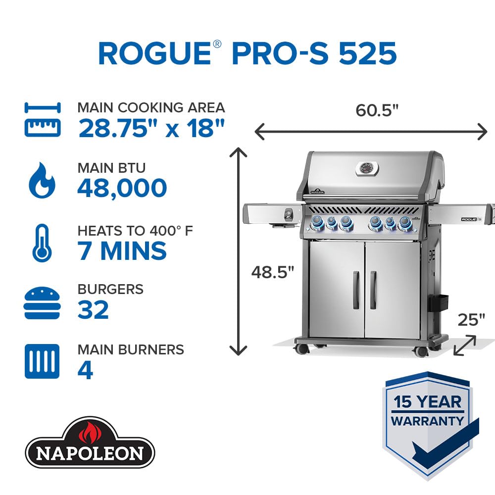 Napoleon Rogue PRO-S 525 Propane Gas Grill with Infrared Side and Rear Burners, Stainless Steel, Durable 6-Burner BBQ