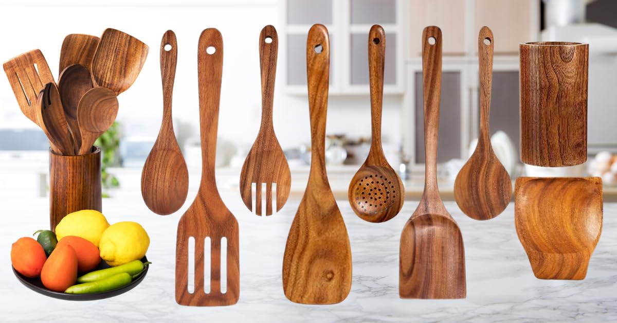 9 Pics Teak Wood Utensil Set-Wooden Cooking Spoon for Cooking-Wooden Spatula with Utensils Rest and Holder Cooking Utensils Set Non Toxic-Wood Spatula for Cooking