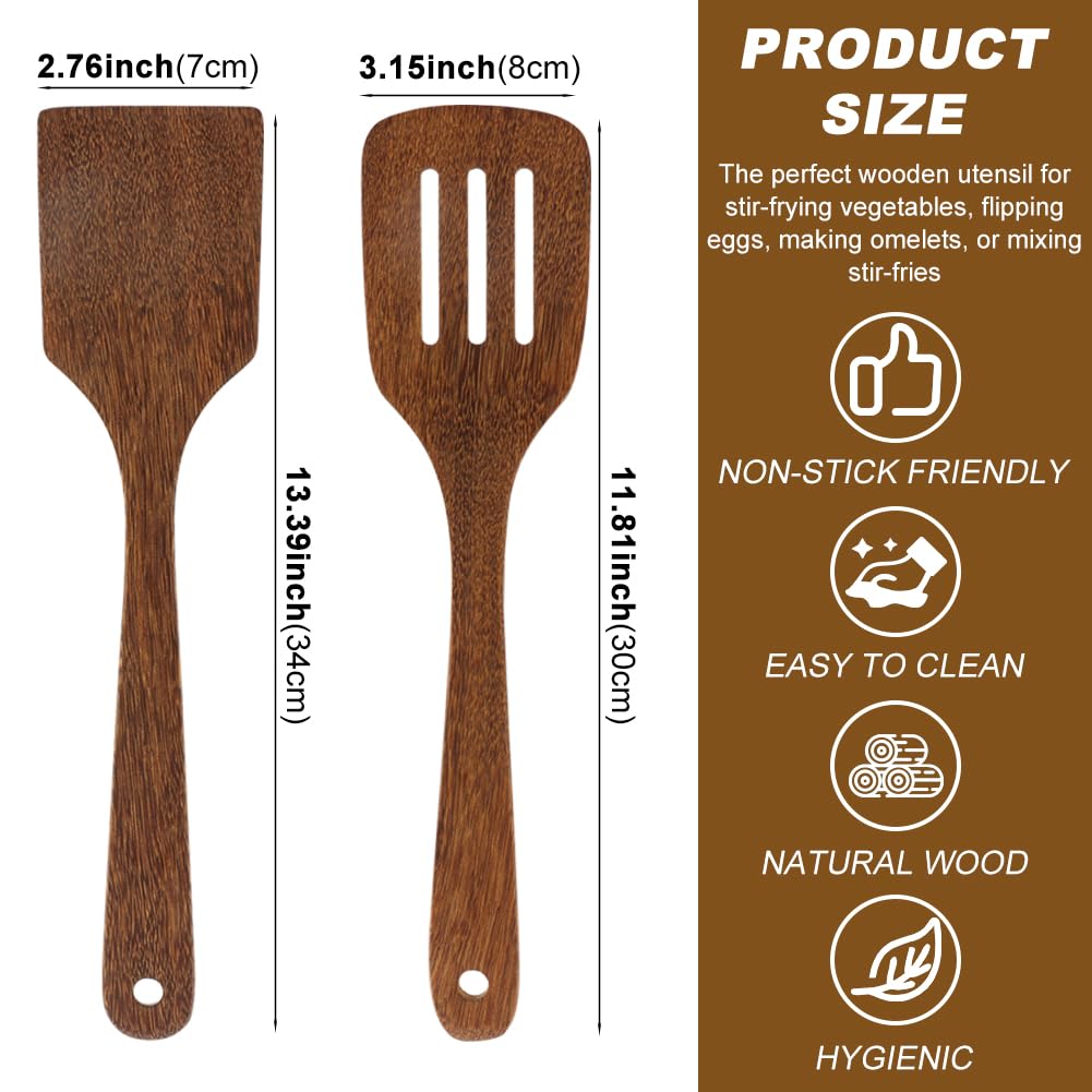 2 Pack Wooden Spatula, Solid Turner & Slotted Spatula Set for Nonstick Pans, Wood Long Handle Flat Frying Turner, Wood Spatulas for Cooking, Frying, Baking