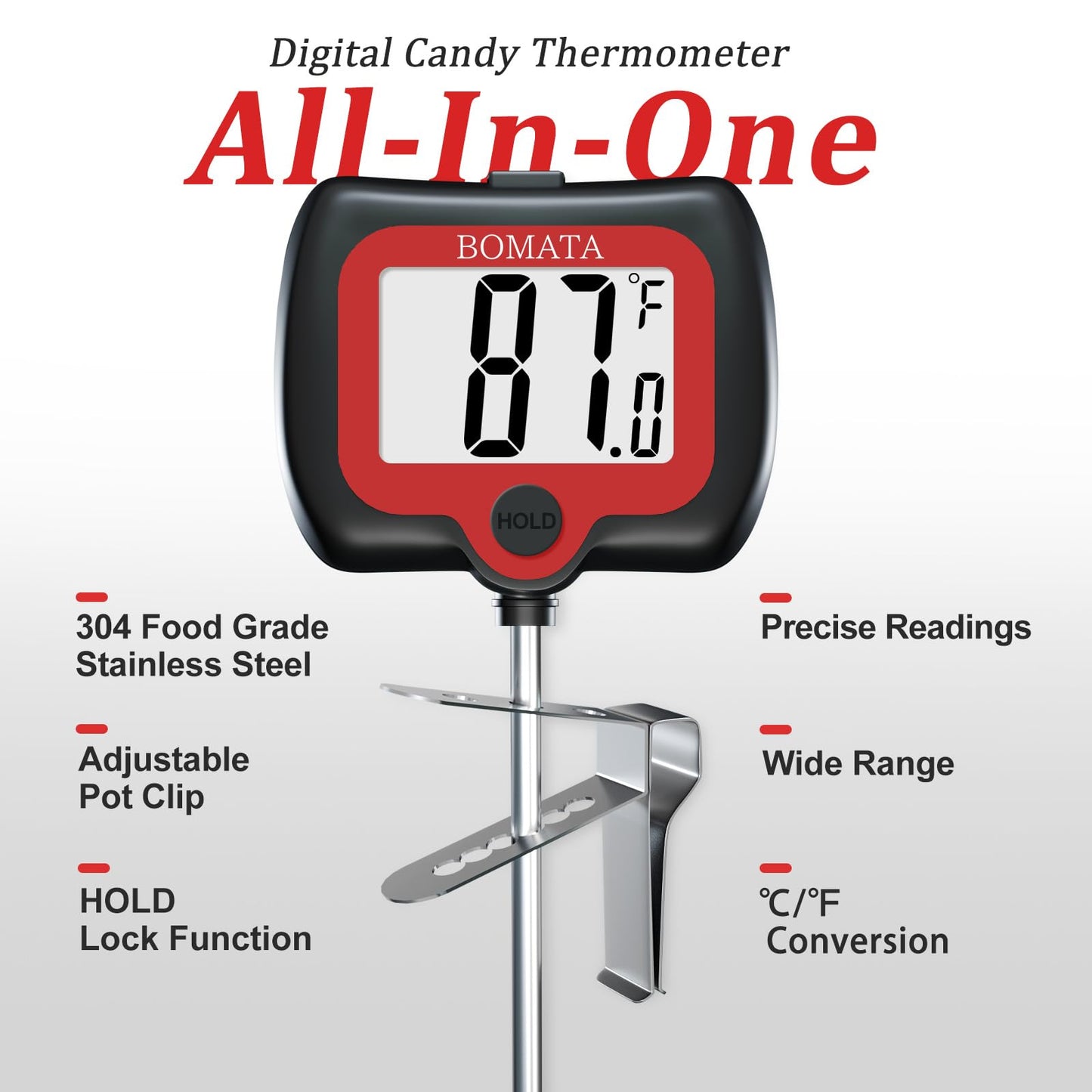 BOMATA Candy Thermometer with Pot Clip, Instant Read Cooking Thermometer with 8" Long Probe, Rotating Display, for Candy Making, Food, Candle Making, Liquids, Water, Baking, Sugar, Grilling. Black