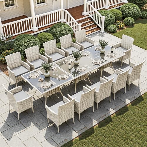 Muphyers 15-Piece Patio Dining Set, Patio Furniture Set with Square Tempered Glass Table & 12 Wicker Chairs, Expandable Design for Larger Groups, Outdoor Furniture for Backyard, Deck, Garden, Grey