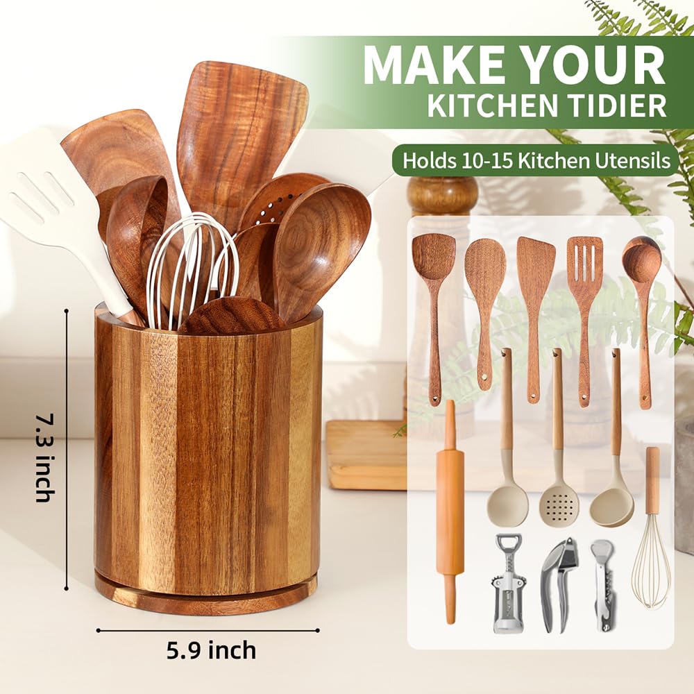 gorsent Wooden Utensil Holder, 360°Rotating 7.3'' Large Utensil Holder for Kitchen Counter, Kitchen Utensil Organizer, Utensil Crock, Farmhouse Kitchens Countertop Decor, Acacia Wood