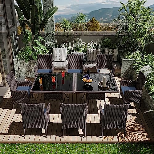 ASJMR 10 Pieces Dining Sets for 8 with Rattan Dining Set Chairs x8 and Square Table Glass Topx2 with Umbrella Cutout, Outdoor and Indoor Set-Navy