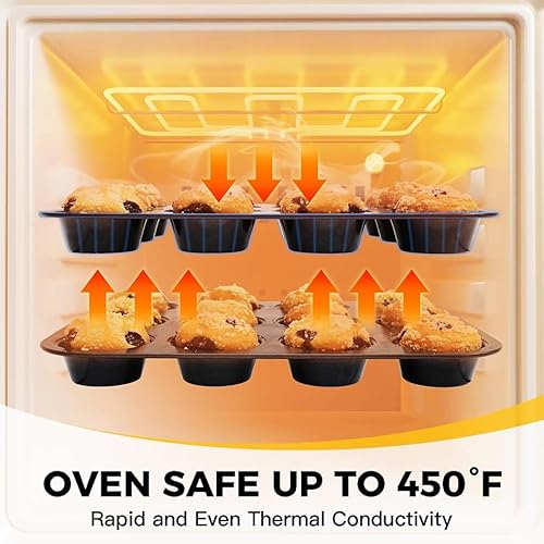 HONGBAKE Muffin Pans with 120 Natural Parchment Liners, Nonstick Cupcake Baking Tray for Oven, Premium Standard Size, 12 Cup, 2 Pack, Dark Grey