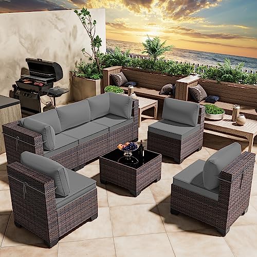 RTDTD 7 Pieces Outdoor Patio Furniture Set,Outdoor Sectional Furniture All Weather PE Rattan Wicker Patio Conversation Set with Coffee Table and 6 Thickened Cushions,Grey