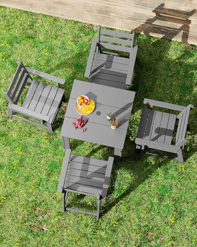 GREENVINES 5-Piece-Outdoor-Dining-Set | HDPE | Square | Patio Furniture | Table and Chairs Sets for 4 | All Weather | Removable Armrests | Umbrella Hole | for Backyard Poolside Garden | Grey