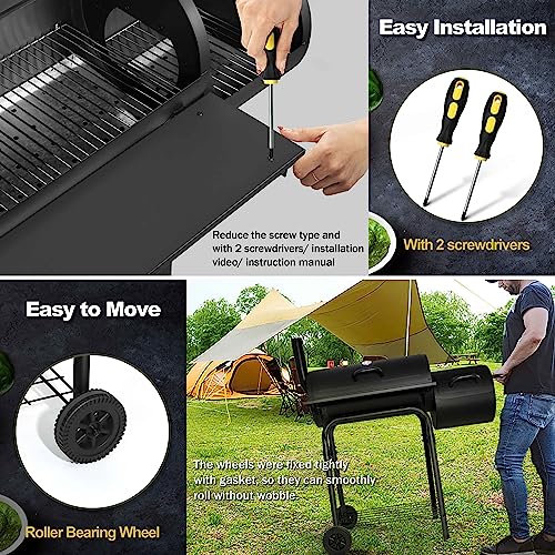 Joyfair Charcoal Grill with Offset Smoker, Camping Barbecue Grill with Side Fire Box for Outdoor BBQ Smoking/Backyard Party Grilling, Thick Iron Steel & Dual Chamber Design, Thermometer & Chimney