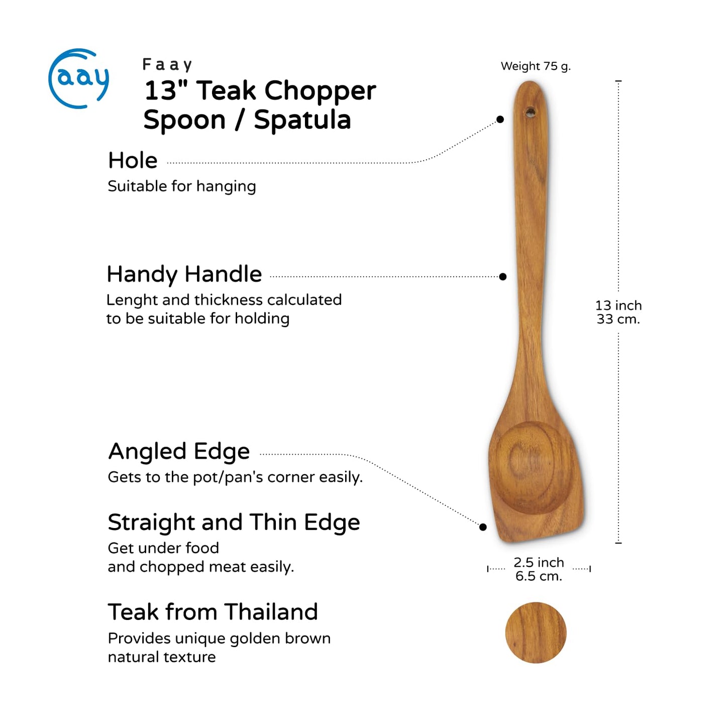 FAAY Right Hand Chopper, Wooden Spoon - Spatula, Break Up Ground Beef Utensils Made from High Moist Resistance Teak Wood for Non Stick Cookware. (Right Hand Chopper)