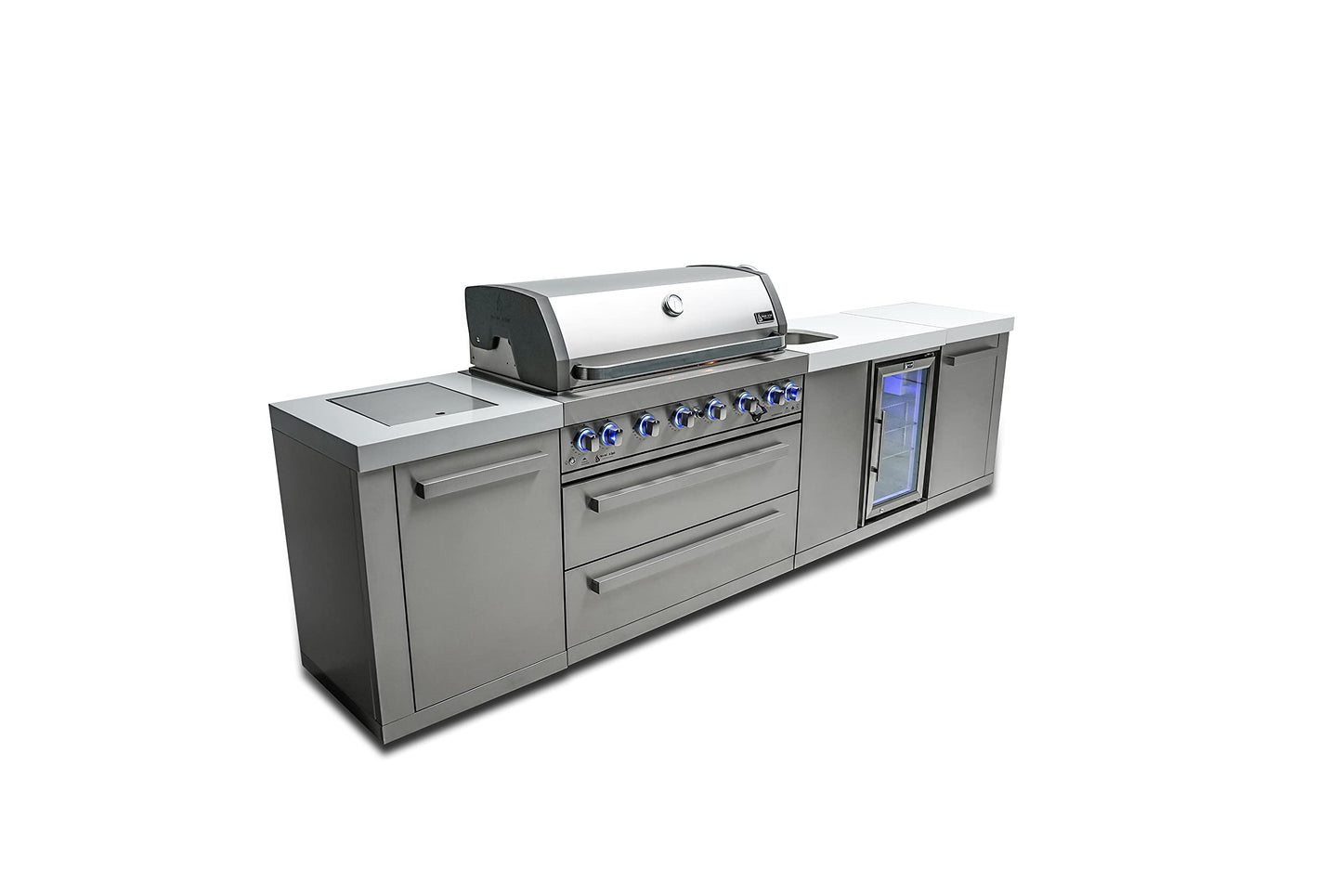 Mont Alpi MAi805-BEV 44-inch 6-Burner 115000 BTU Stainless Steel Outdoor Kitchen Bar Gas Barbecue Island Grill + Wine Cooler Beverage Center Refrigerator + Granite Countertops & Infrared Side Burner