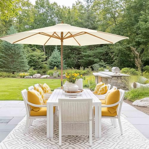 Yescom 13FT Large Heavy Duty Wooden Outdoor Patio Umbrella Solid German Beech Pole Parasol Rope Pulley 8 Rib for Deck Pool Porch Backyard Garden Market Bistro Table Beach Sun Shade,Ivory