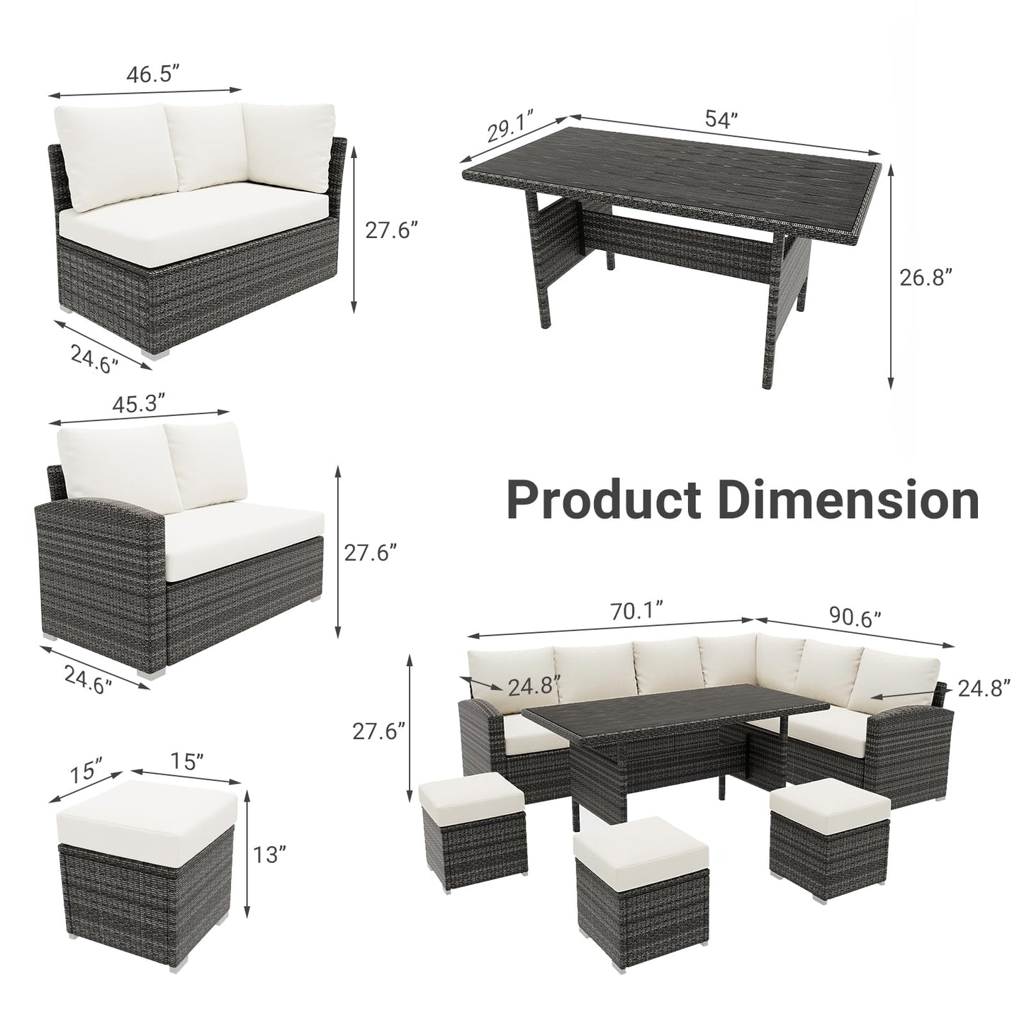7 Piece Outdoor Patio Furniture Set with Plastic Wooden Table, Patio Rattan Conversationr Sofa Set, All Weather Sectional Rattan Sofa and Chairs, Garden, Porch, Poolside, Grey + Beige - CookCave