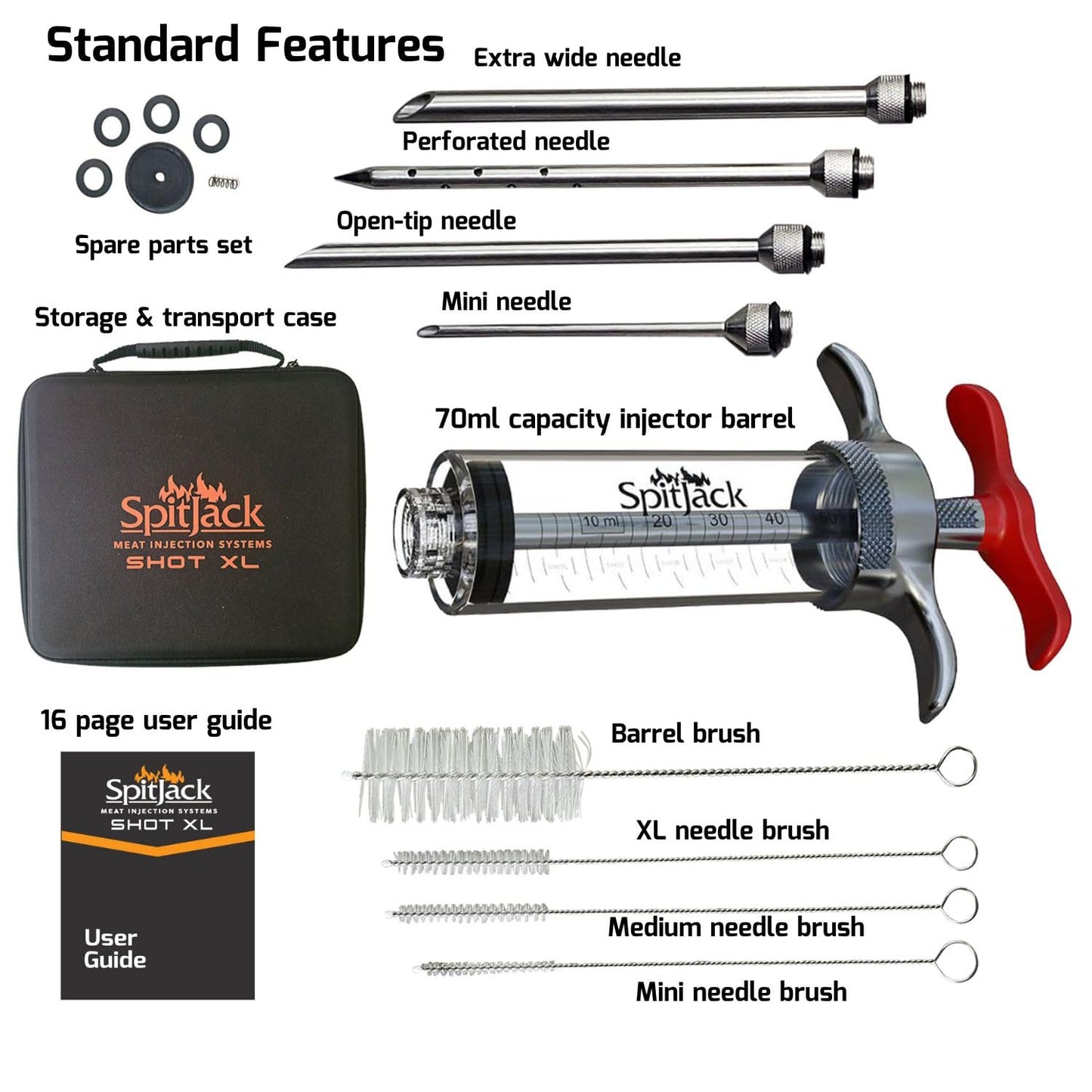 SpitJack SPITJACK SHOT XL Meat Injector Syringe for Smoking. Turkey Marinade and Brisket Flavor Injection Kit. BBQ Accessories and Cooking Gift for Men. Stainless Steel 4 Needles, Case, 70ml Capacity.