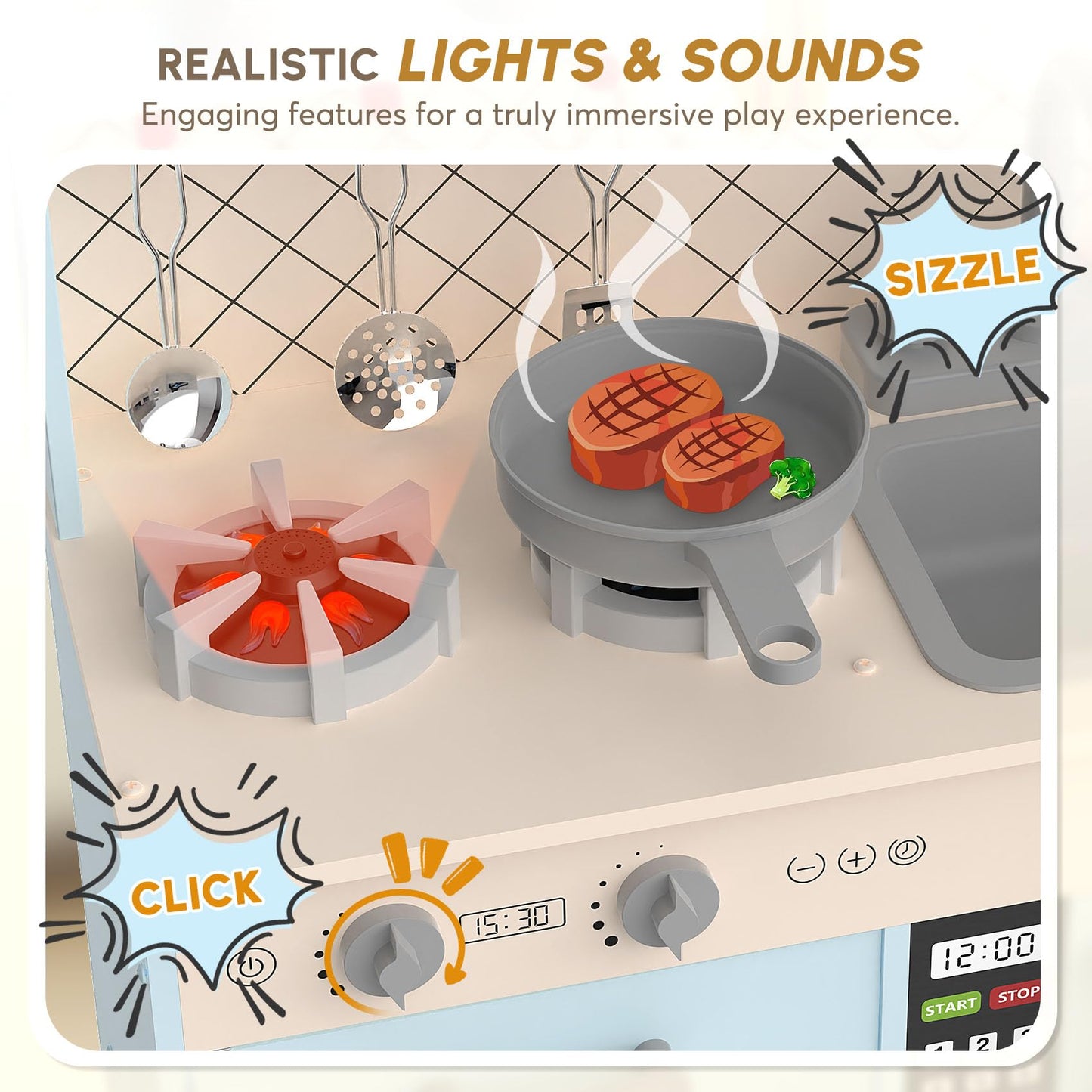 BIERUM Play Kitchen with Realistic Lights & Sounds, Wooden Kitchen Playset Chef Pretend Play Set for Toddlers, Toy Kitchen with 26 Pcs Toy Food & Cookware Accessories, Gift for Ages 3+