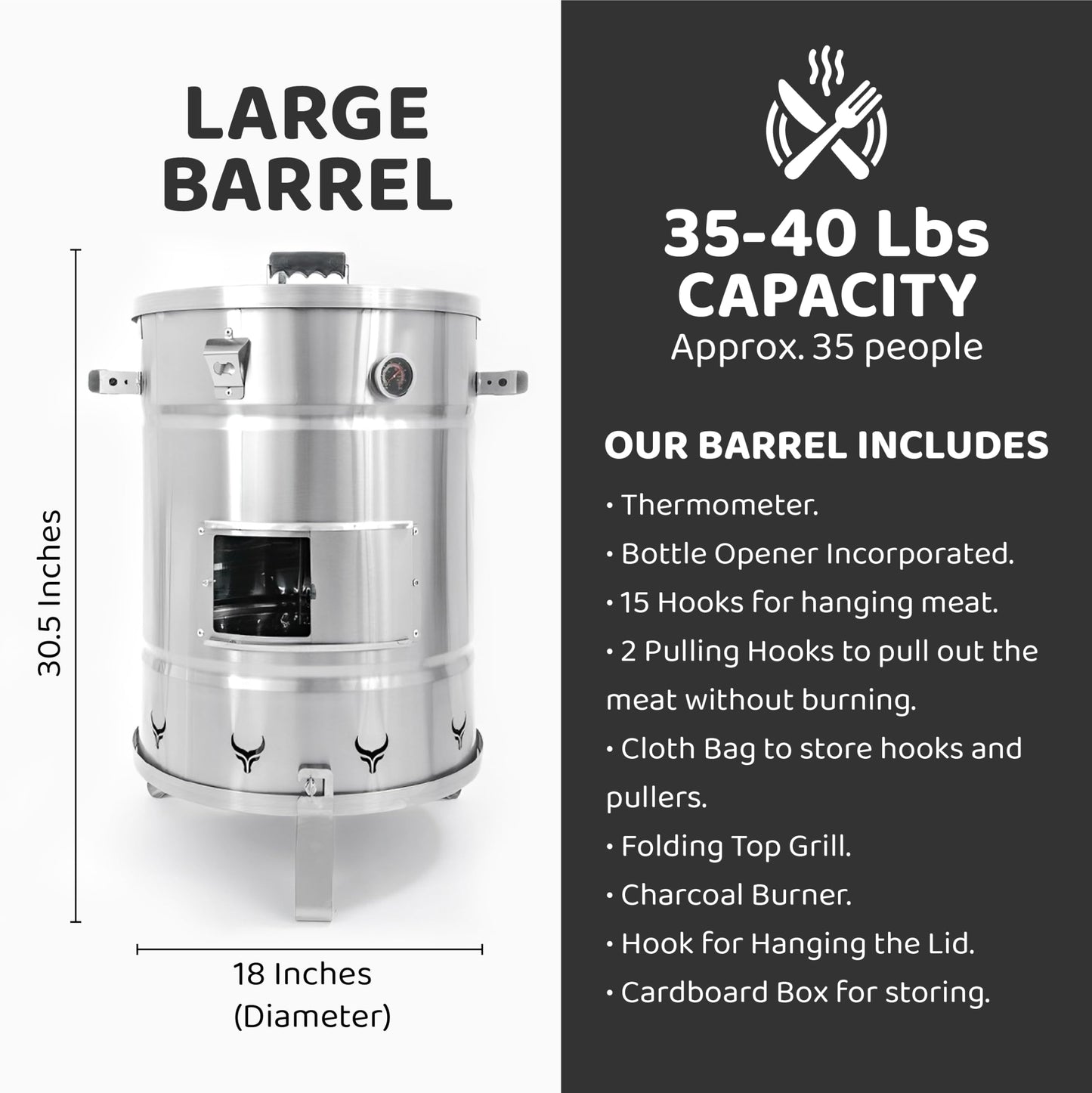 Premium Barrel Smoker With Lateral Gate and Ventilation System-Vertical Smoker, Barril Para asar carne Made of Stainless Steel (Large)
