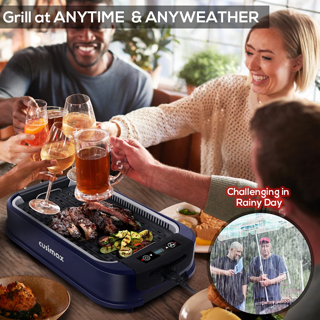 Indoor Grill CUSIMAX Electric Smokeless Grill Portable Korean BBQ Grill with Turbo Smoke Extractor Technology, Non-stick Removable Plate, Tempered Glass Lid, Great for Party(Single Plate)