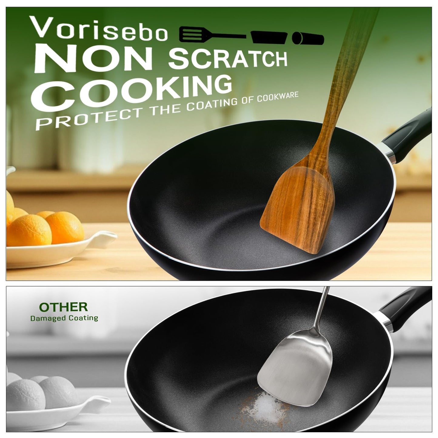 Vorisebo Wood Spoons for Cooking, Natural Teak Wooden Utensils Set, 10 Piece Handmade Wooden Utensil Set with Holder and Spoon, Durable Nonstick Kitchen Cookware Tool