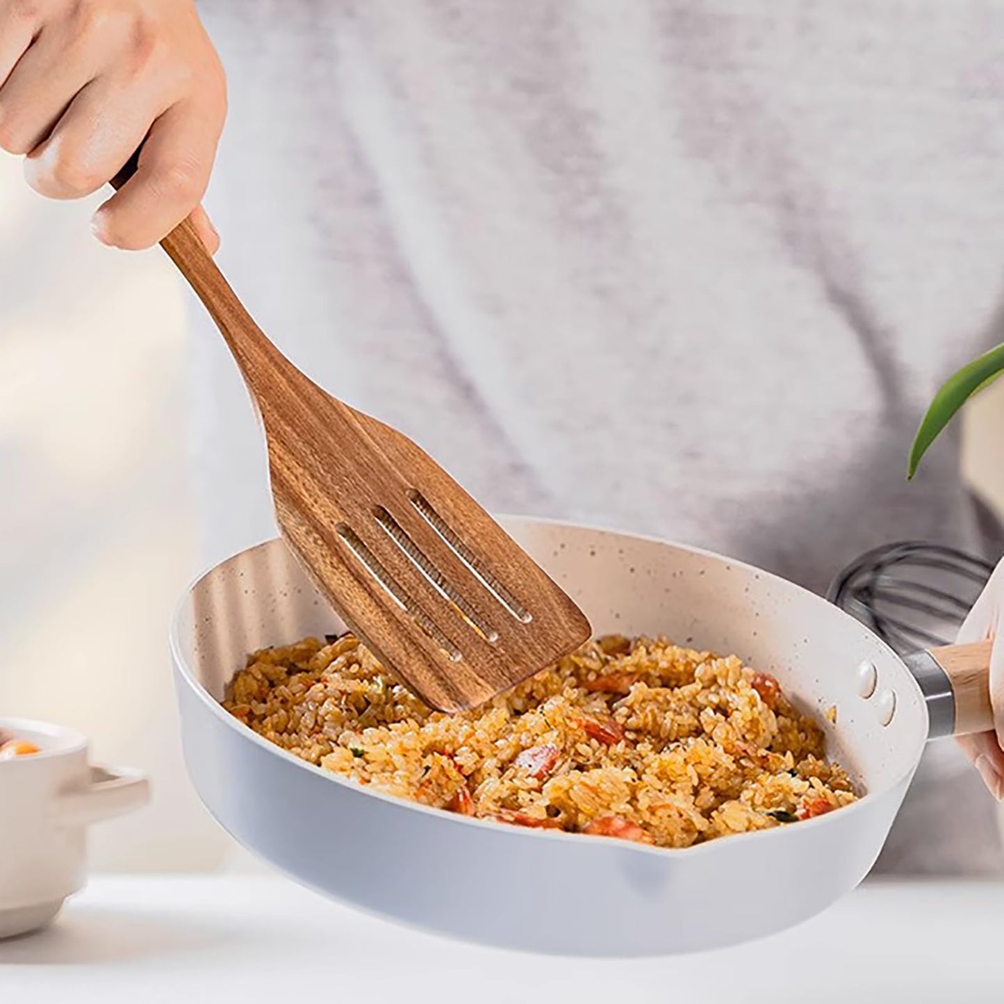 2 Pcs Wooden Spatula Set - Acacia Wood Non-Stick Kitchen Utensils with Long Handle - Solid & Slotted Spatulas for Cooking, Baking - Smooth Finish, Handmade Wooden Spoons