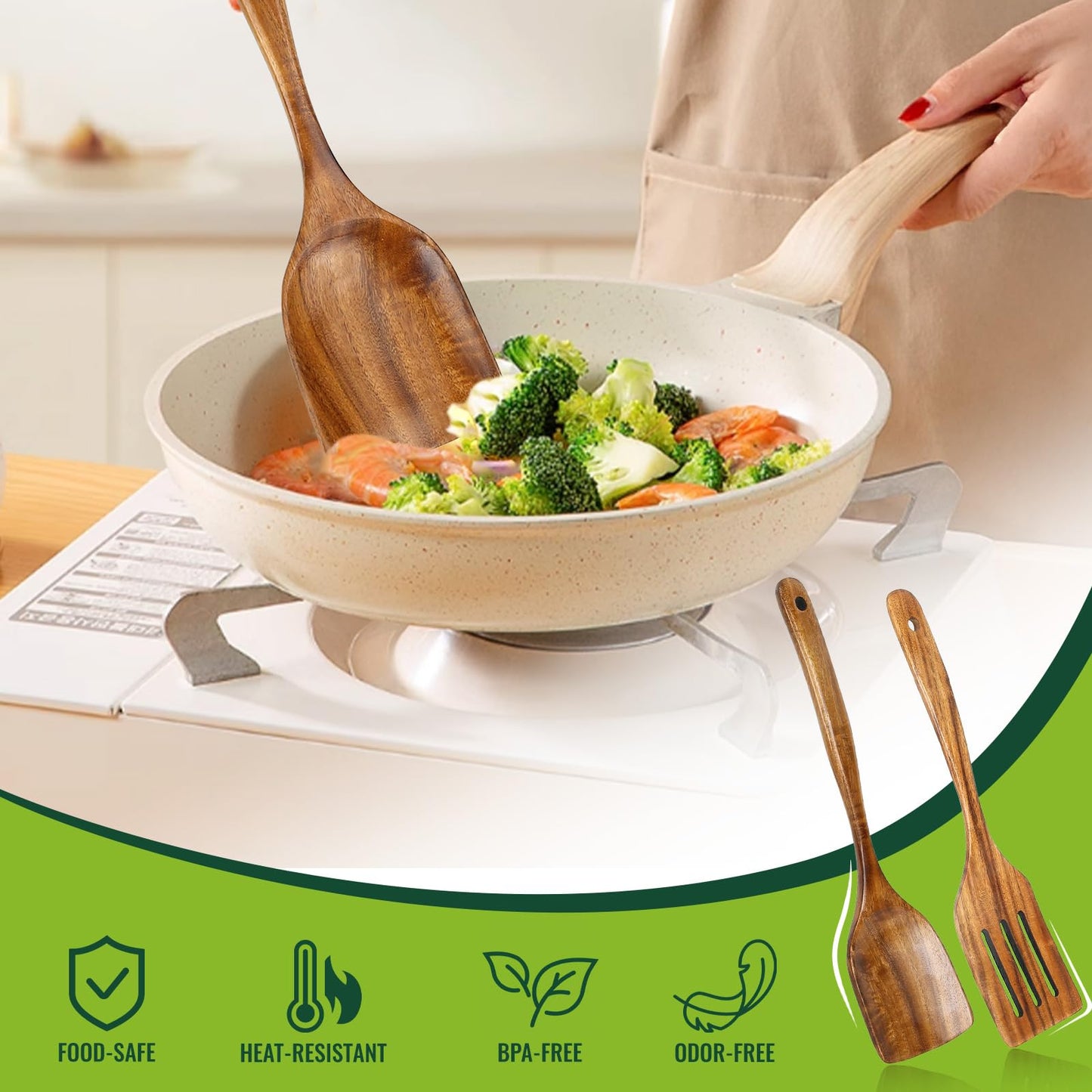 Bkiok Wooden Spatula for Cooking, Long Handle Teak Wood Spatula Set, Flat Turner and Slotted Spatula for Non-Stick Pans, Sautéing, and Flipping(2Pcs)