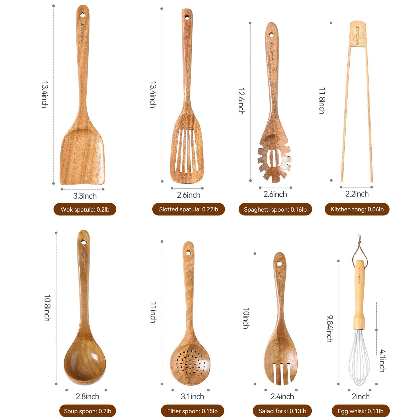 MAXCOOK Wooden Spoons for Cooking,8 Pcs Teak Wooden Kitchen Utensils Set,Natural Acacia Wood Non-stick Spatula Cooking Spoons,Lightweight, Convenient, Easy to Wash Cooking Utensil set Wood Whisk