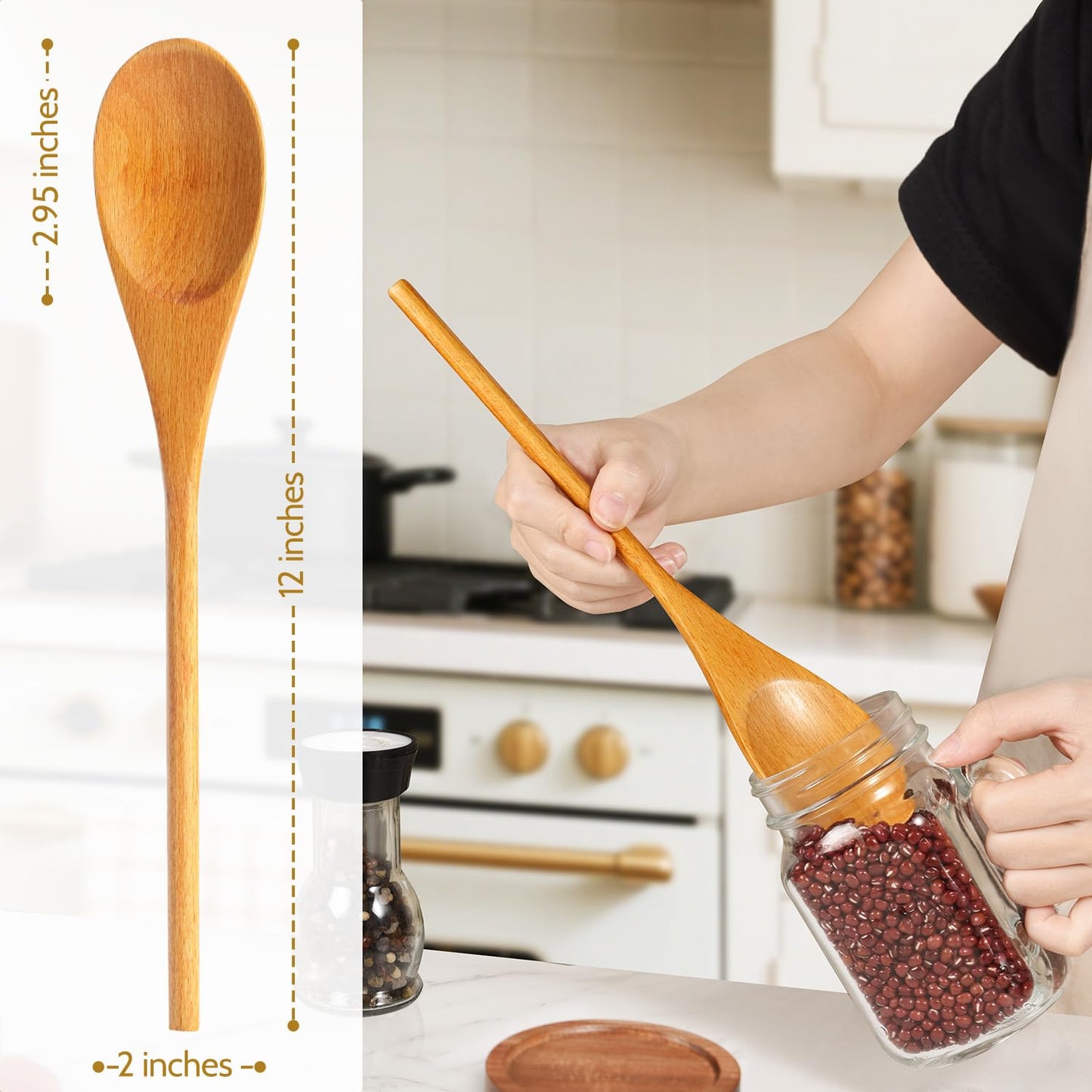 MORGLES 3Pcs Wooden Spoons for Cooking, 12 Inches Long Handle Mixing Spoons, Natural Wood Kitchen Utensils for Stirring, Serving & Eating