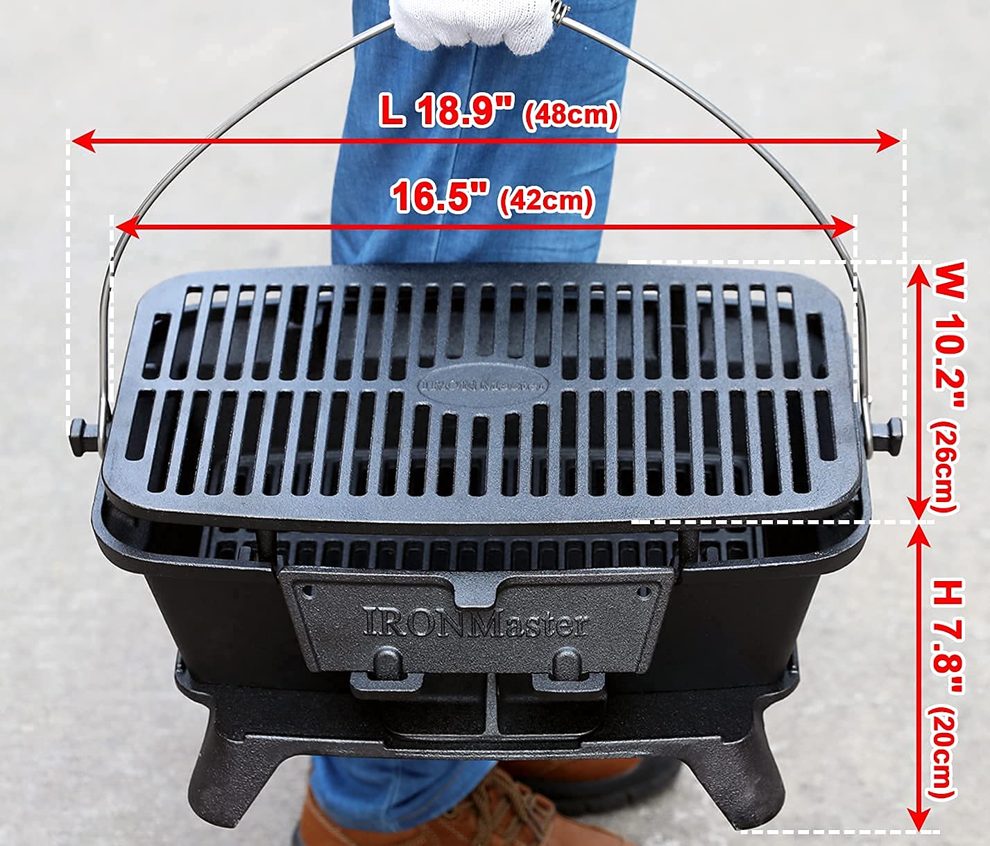 IronMaster Hibachi Grill Outdoor - Small Portable Charcoal Grill, 100% Cast Iron, Japanese Yakitori Tabletop Camping Grill - Cooking Grate Surface 17" x 10.5" for 5-8 People