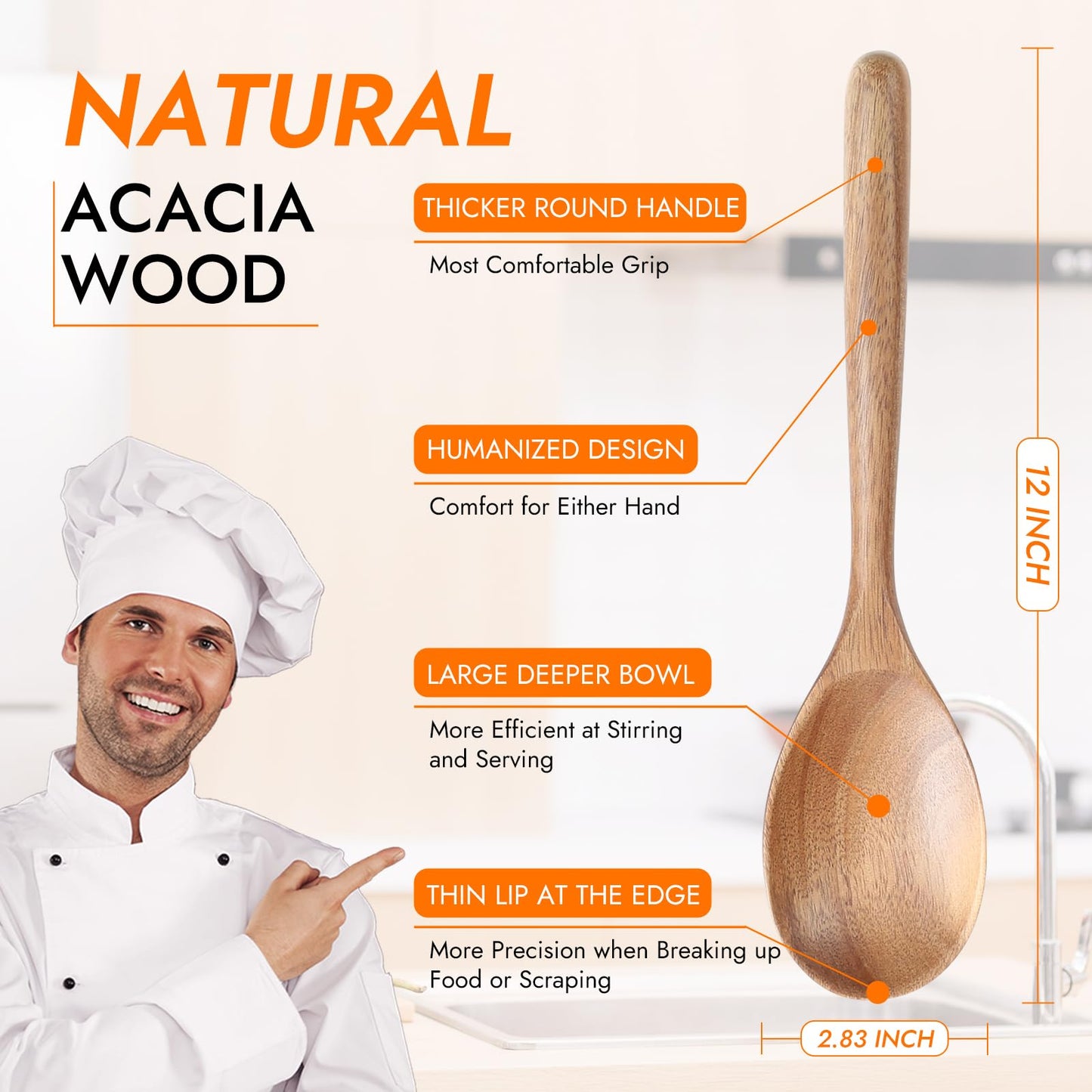 Kitchen Wooden Cooking Spoon, Solid Acacia Wood Serving Spoons for Mixing Stirring, Nonstick Kitchen Utensils Tableware Ladle Scoop for Soup Stews Salad Pasta Sauce Chili (2 Pieces)