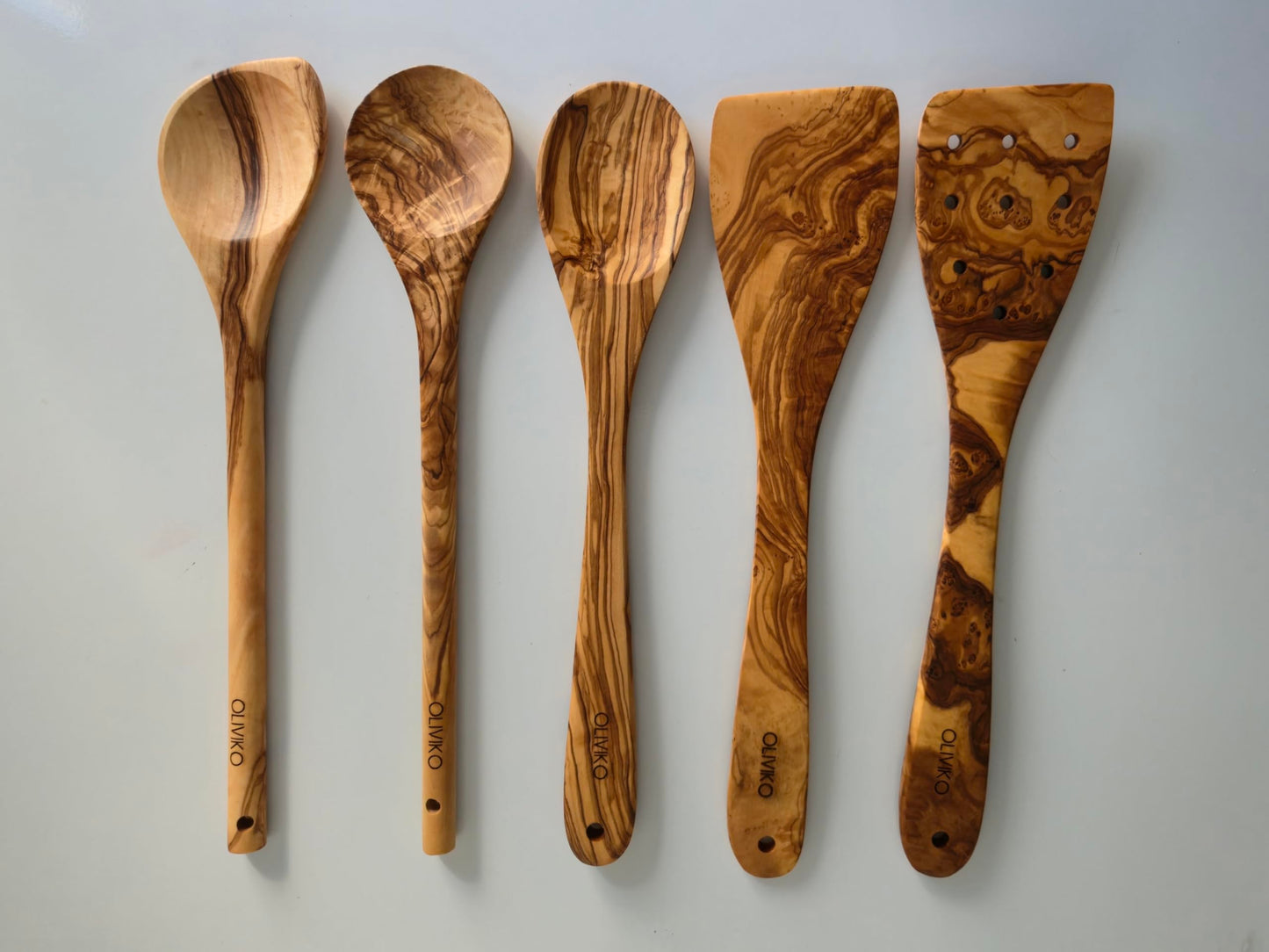 OLIVIKO 100% Olive Wood HANDMADE 5 Spoon Set | Ideal for Nonstick Cookware & Kitchen Utensils | Cooking, Baking & Serving | Eco-friendly & SALAD TONG Salad serving (Classic utensils)