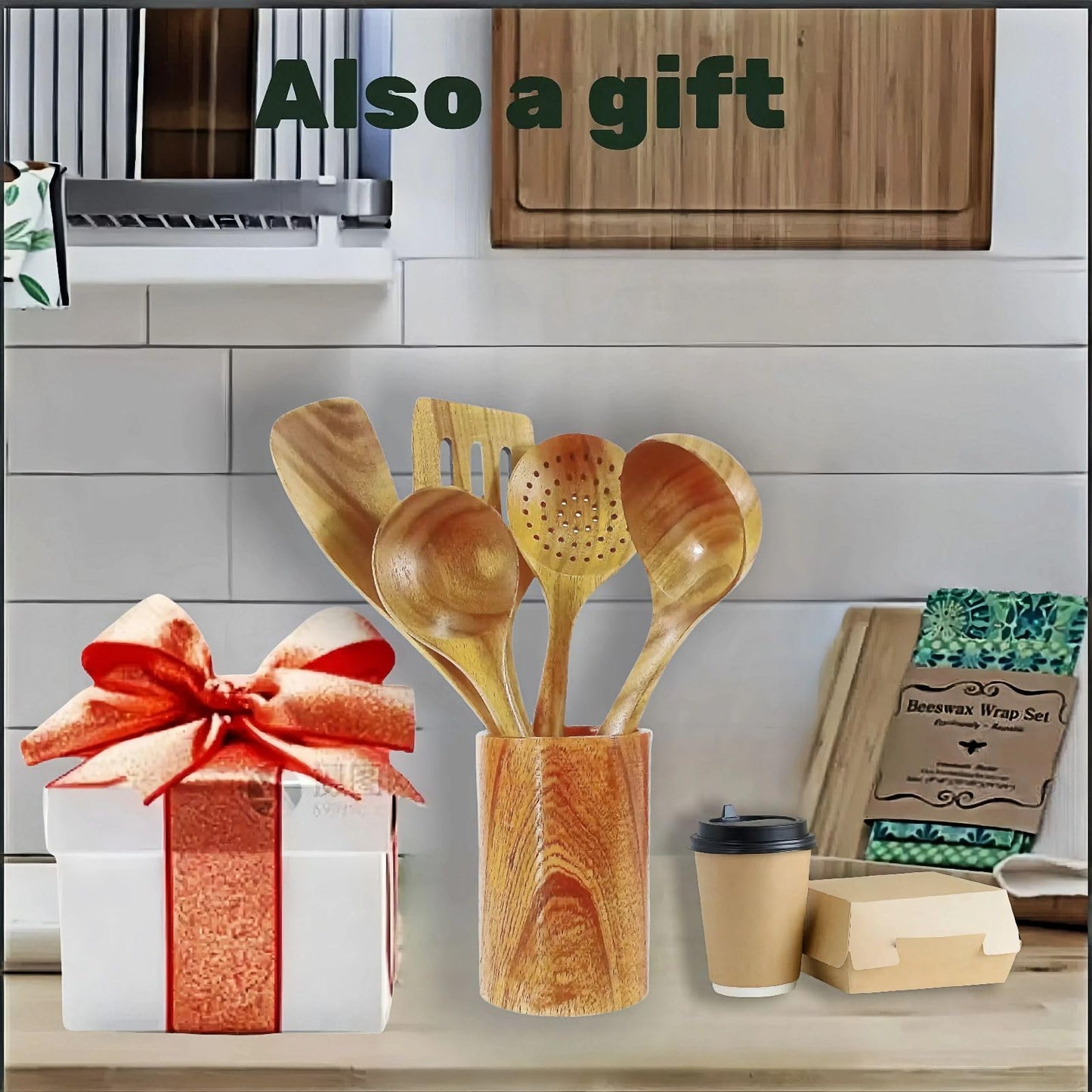 6 Piece Wooden Cooking Spoons for Cooking, Kitchen Utensils Set, Wooden utensil storage wooden barrel, Natural Teak Wood Cooking Spatulas with Utensils Holder, for Nonstick Cookware