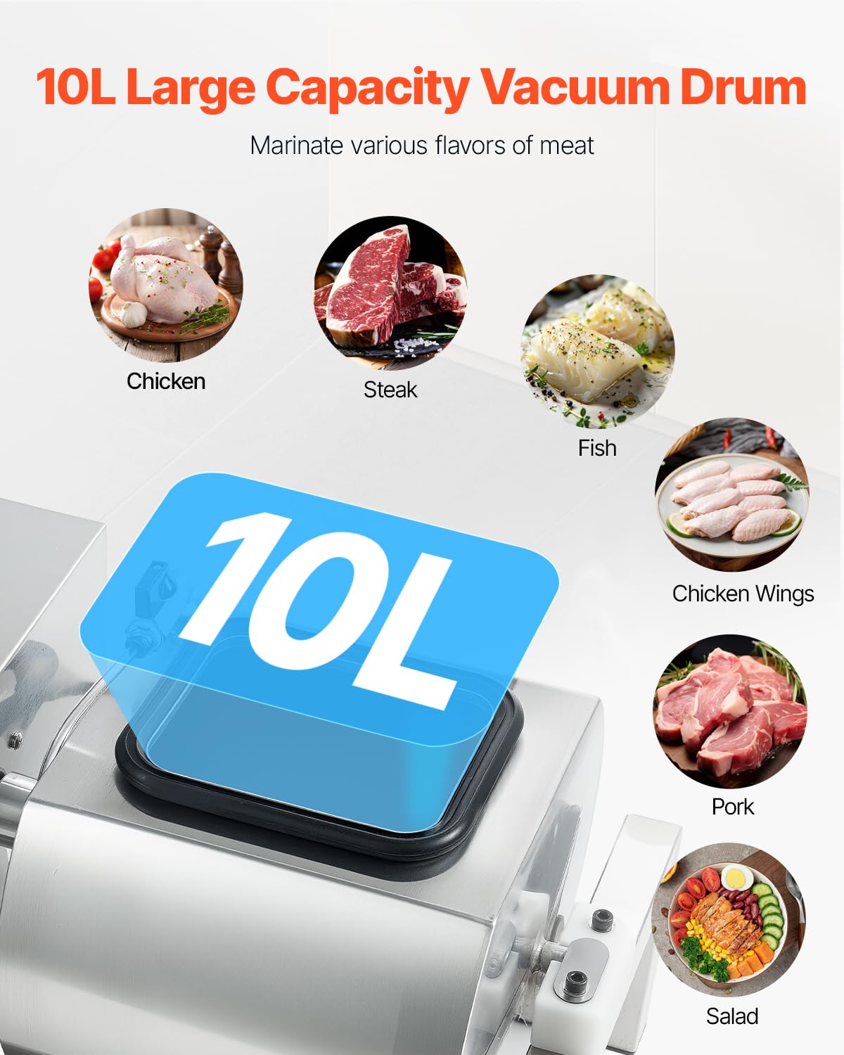 VEVOR Meat Tumbler Marinator, 10L Vacuum Tumbler Marinating Machine with Automatic Bidirectional Rotation, Stainless Steel Vacuum Curing Machine for Chicken Steak Pork, Home & Commercial Use