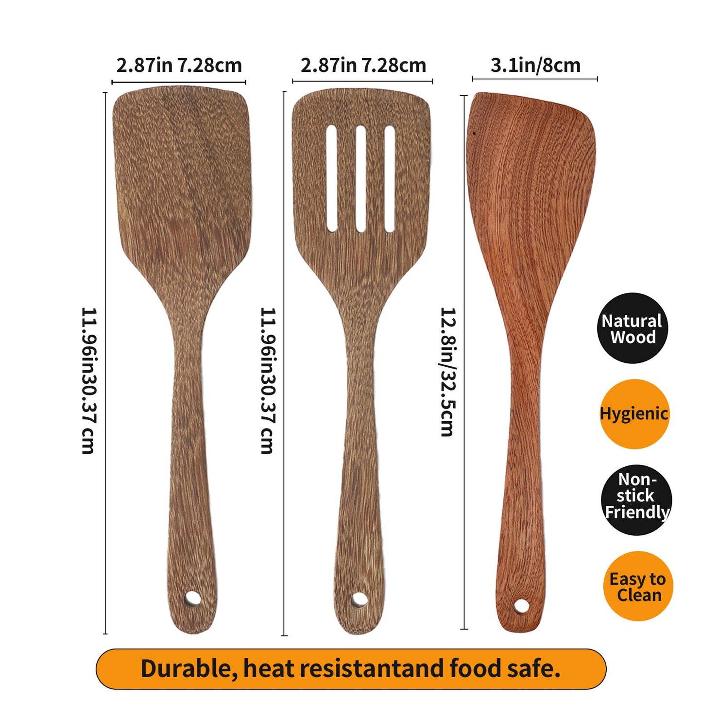 3 Pack Wooden Spatula for Cooking 12 Inches Paddle, Turner, Slotted Spatula, Cooking Utensils for Nonstick Cookware, Kitchen for Fish, Eggs, Pancakes