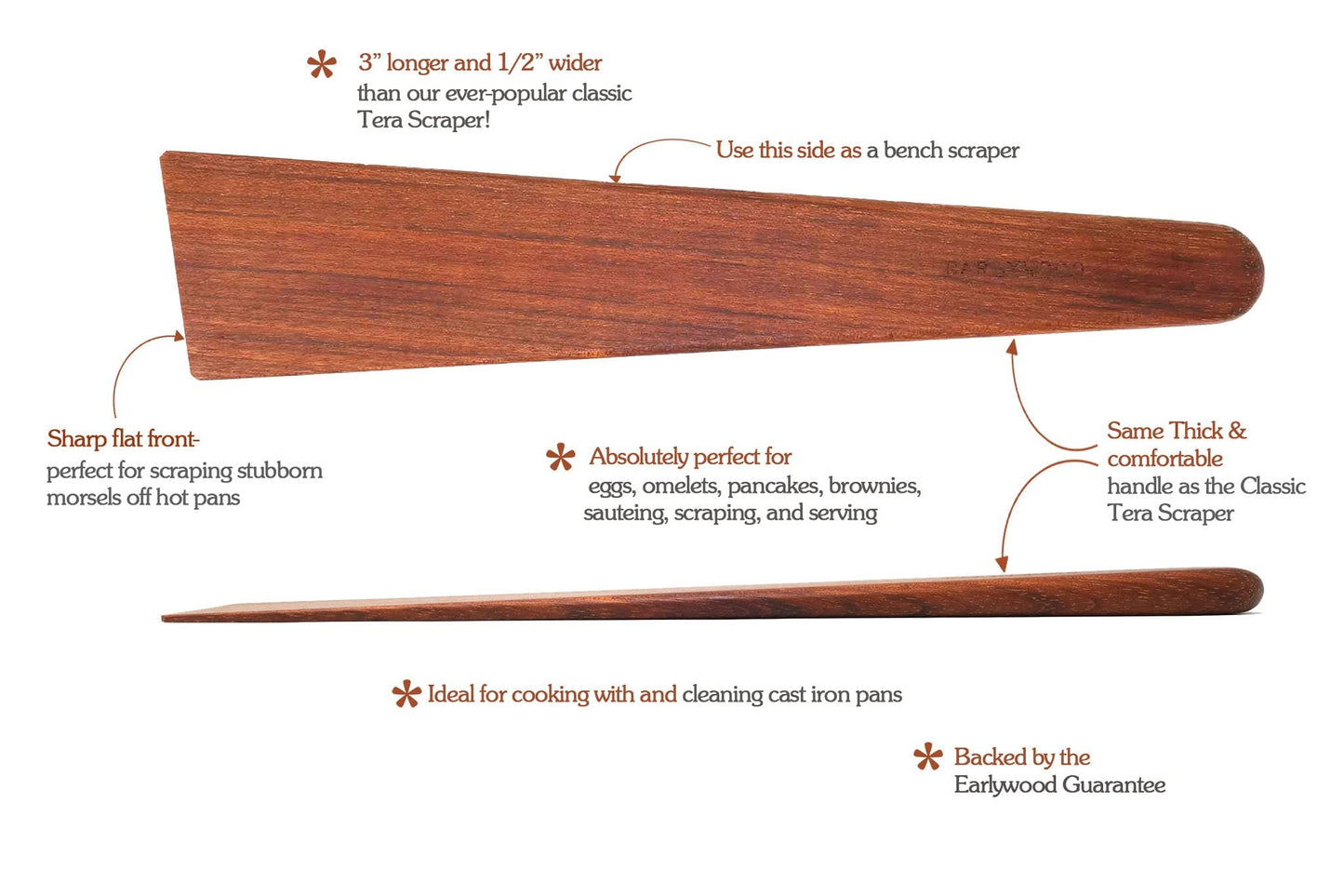 Earlywood 13 inch Multi-Purpose Wood Cooking Utensil - Handmade Jatoba Scraper and Turner for Kitchen, Cast Iron Saute Spatula - Made in USA