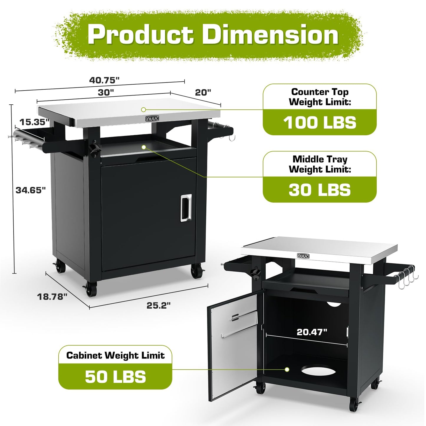 NUUK Grill Carts Outdoor with Enclosed Cabinet and Storage Drawer, Portable Patio Bar Cart with Wheels Stainless Steel Kitchen Storage Island 20" x 30" Rolling Prep Station for BBQ, Deck, Backyard