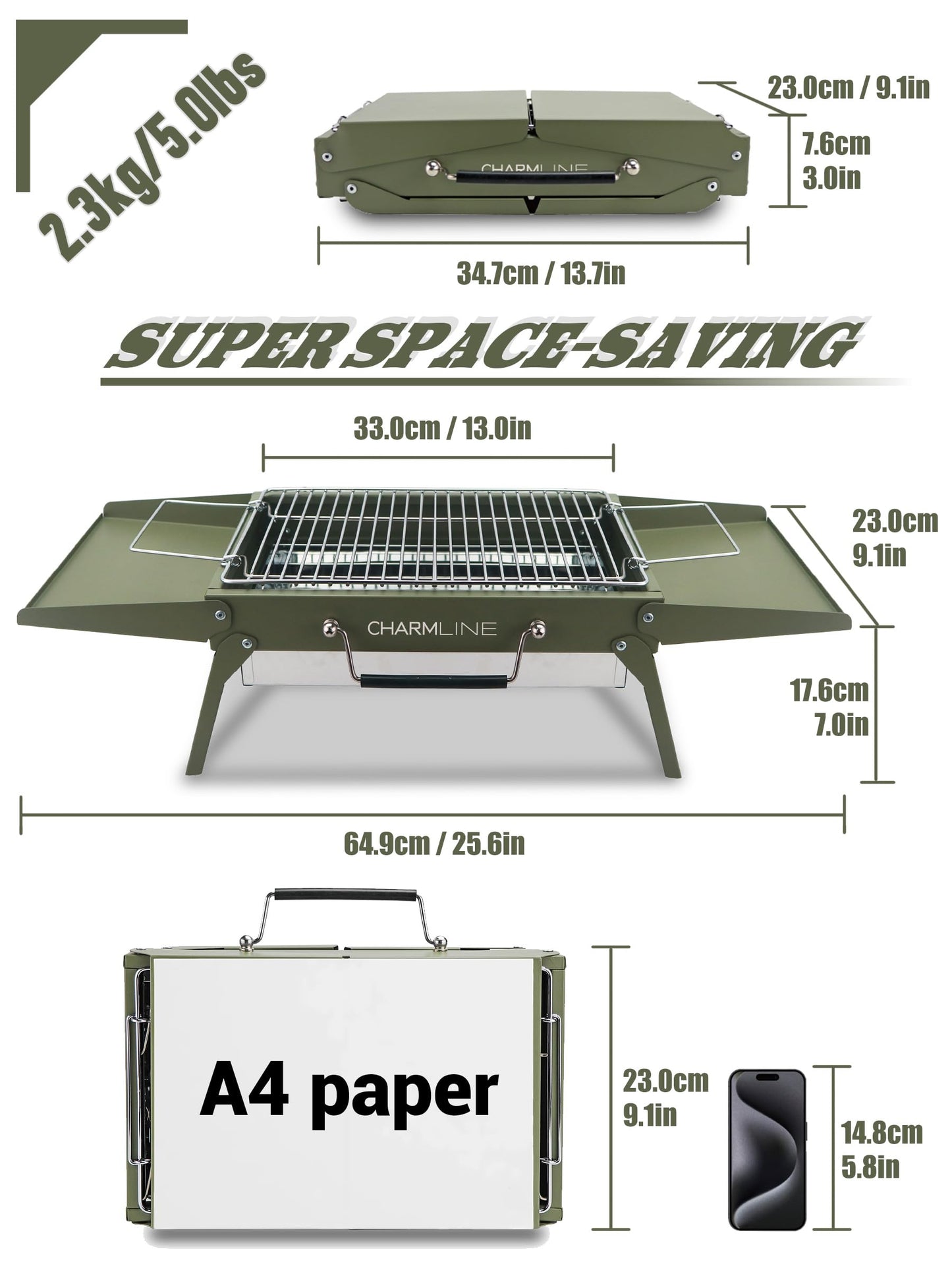 Charmline 14x9inch Small Desktop Charcoal Grill, Liftable Grilling Net, Saving Space Grill for Indoor and Outdoor, BBQ Grill for Camping, Gardens, Picnics, Beach Parties, Green