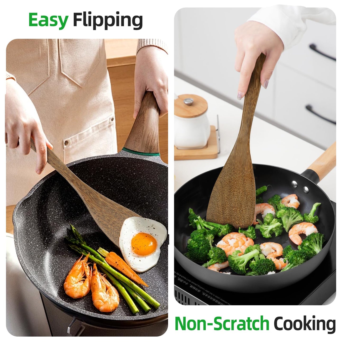 Ecavria 2PCS Wooden Spatula, 12.8IN Wooden Flat Frying Spatulas, Long Handle Wood Turner for Non-Stick Cookware, Natural Wood Cooking Utensils, Healthy, Sturdy & Heat-Resistant