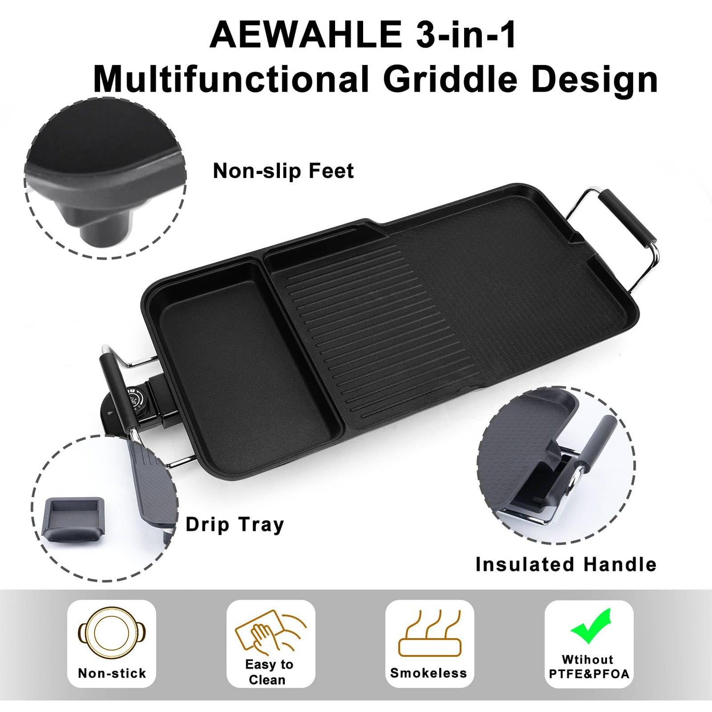 AEWHALE 3-in-1 Electric Nonstick Griddle Grill 1800W,Teppanyaki Grill with Removable Temperature Control & Drip Tray for Pancakes Burgers Eggs,22"x 10.5"