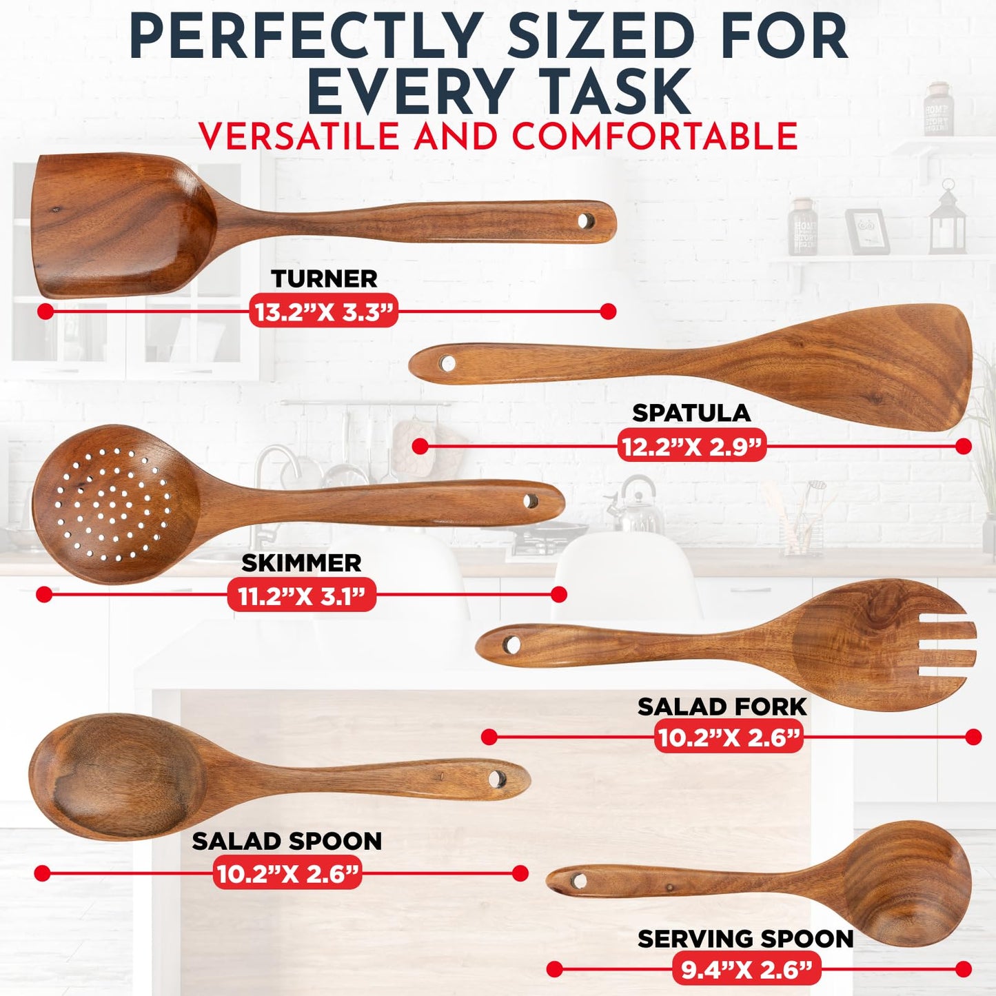 Teak Wooden Utensil Set 6-Piece - Smooth Finish Wooden Spoons for Cooking - Comfortable Grip, Non Scratch Premium Kitchen Wooden Cooking Utensils Set Teak Wood Cooking Utensils