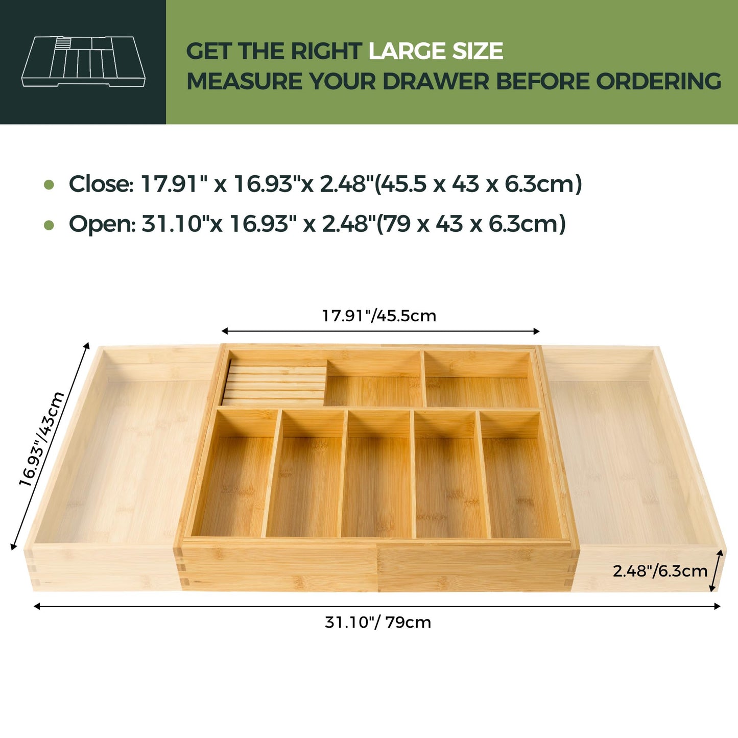 VaeFae Extra Large Kitchen Utensil Holder, Bamboo Silverware Drawer Organizer, Expandable Cutlery Organizer with Knife Block, Multifunctional Wooden Drawer Divider