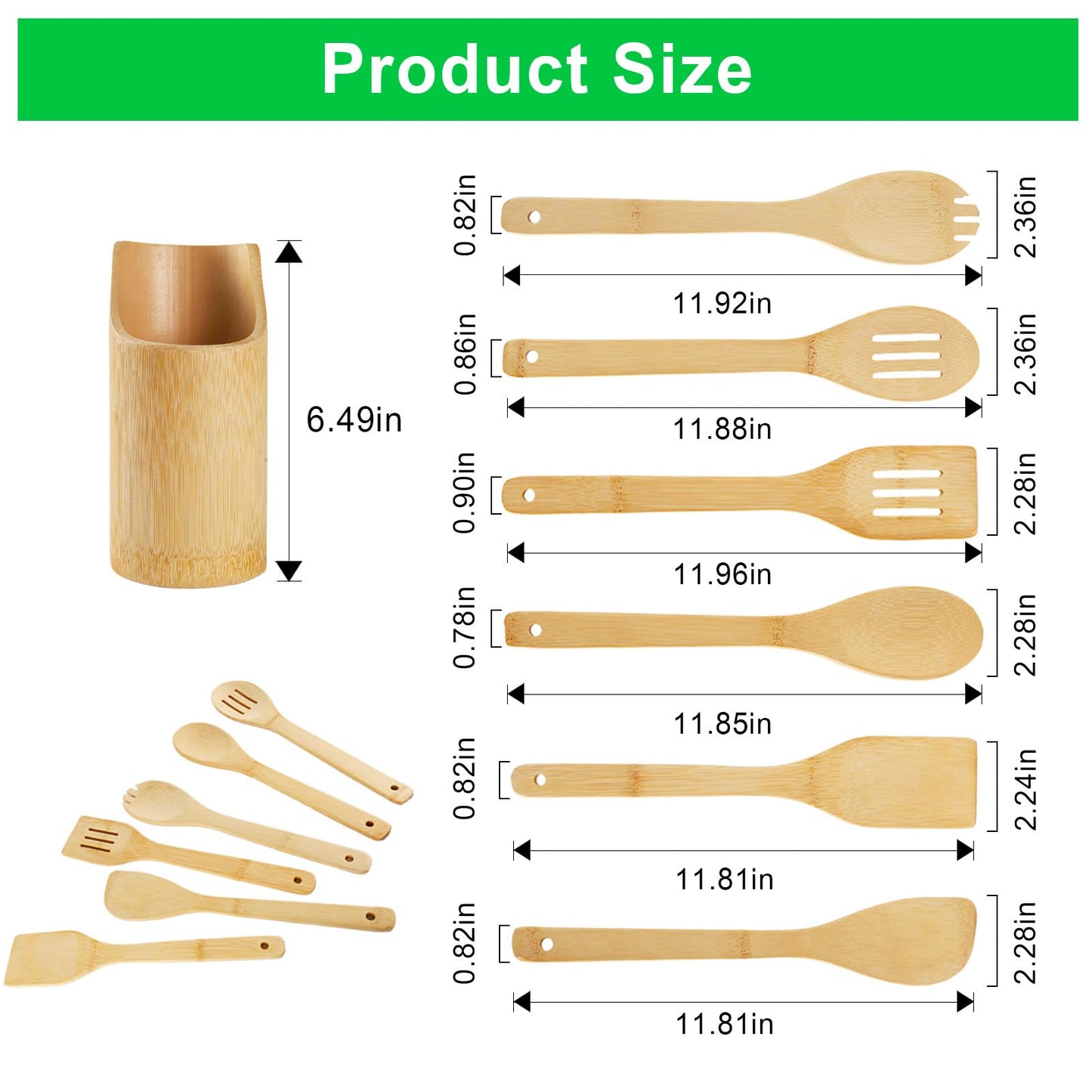 DEBETOOL Bamboo Cooking Utensil Set - Natural Bamboo Wooden Spoons for Cooking, 7piece Kitchen Non-Stick Wooden Spatula Spoons with Utensil Holder for Daily Use
