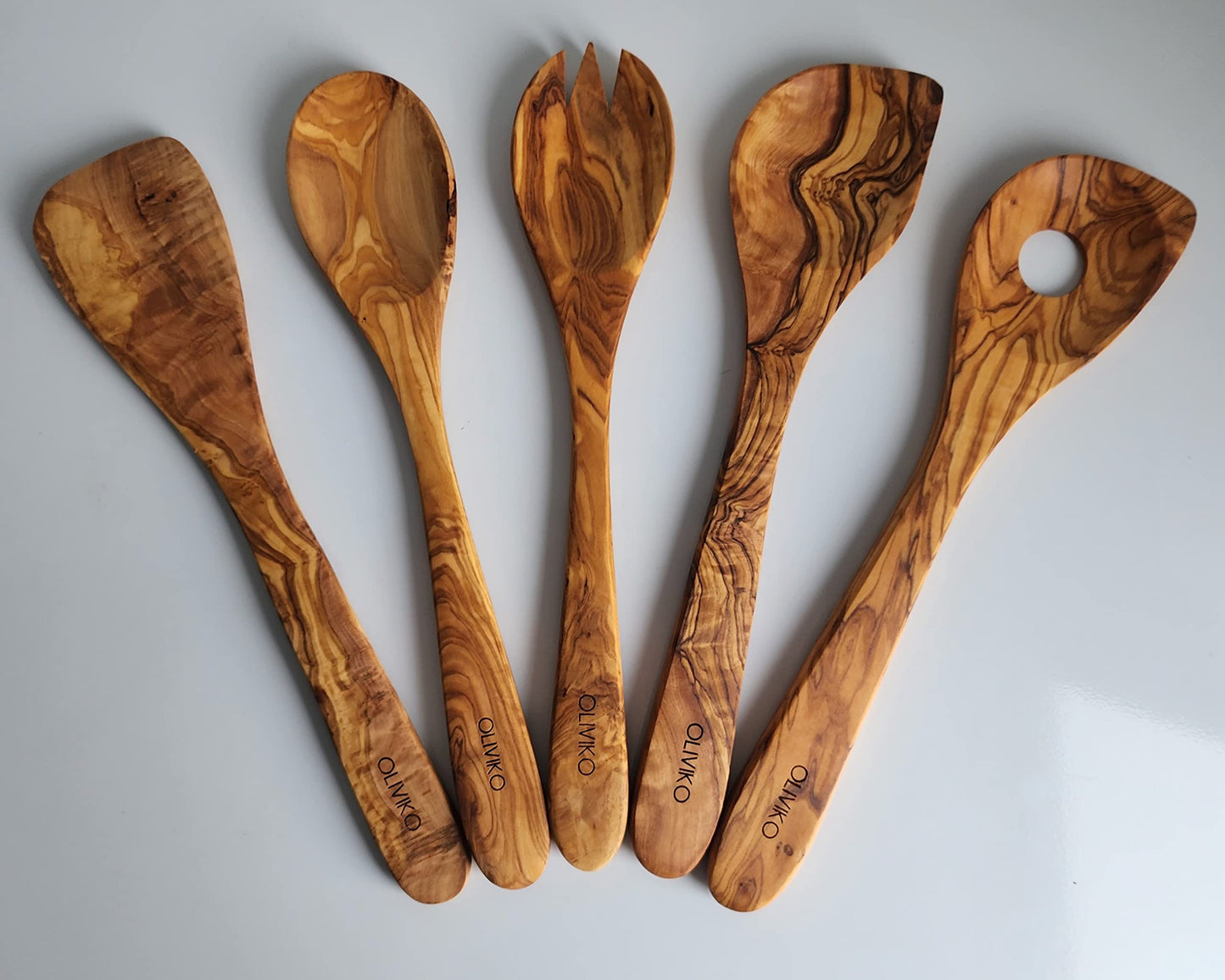 OLIVIKO 100% Olive Wood HAND MADE 5 Spoon Set | Ideal for Nonstick Cookware & Kitchen Utensils | Cooking, Baking & Serving | Eco-friendly & Handmade | 1 Spatulas & 4 Spoons (12-inches)…