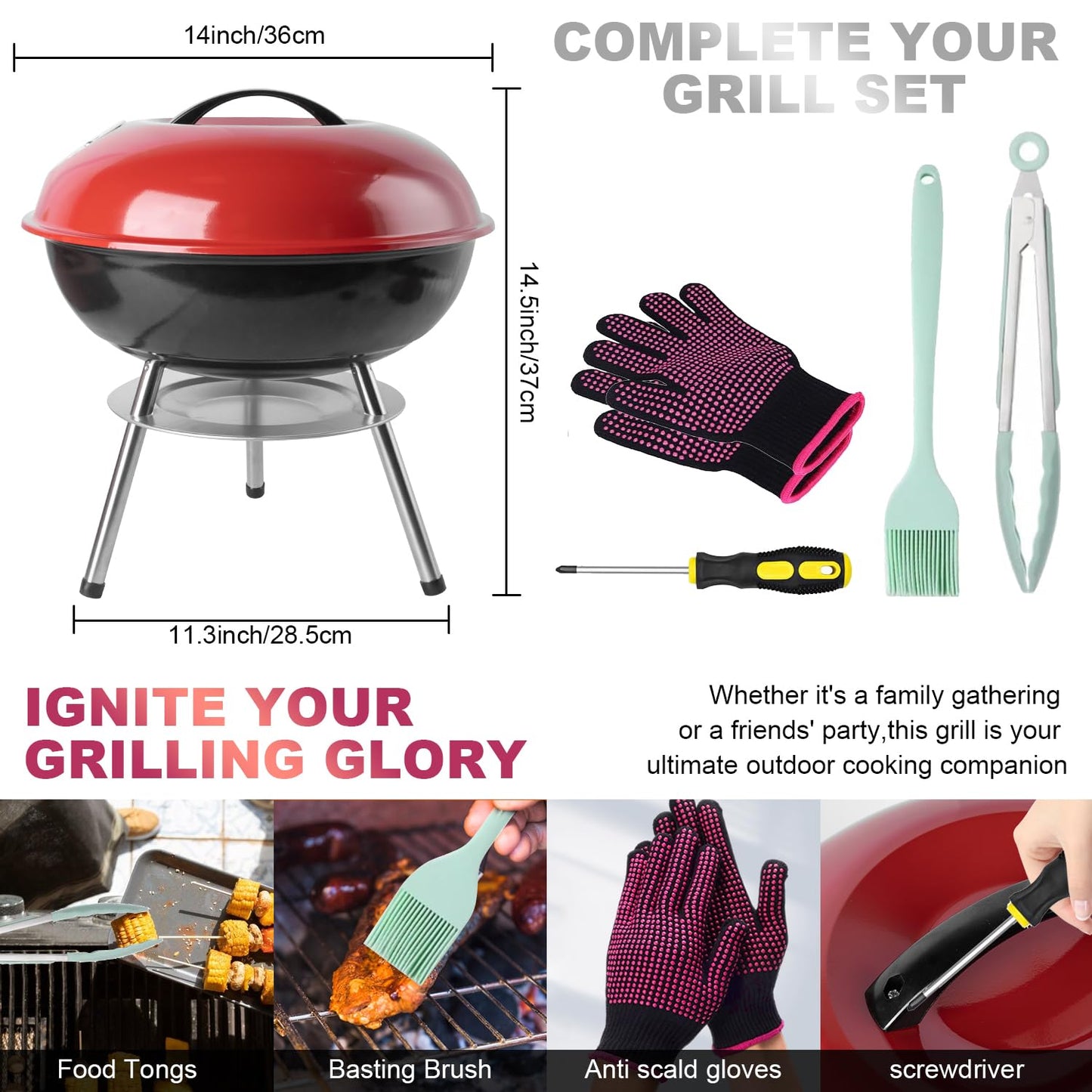 Charcoal Grill: Kettle Grill - 14 "portable outdoor grill with 3-point locking lid and dual ventilation system | perfect for backyard, camping and beach, red (14inch)